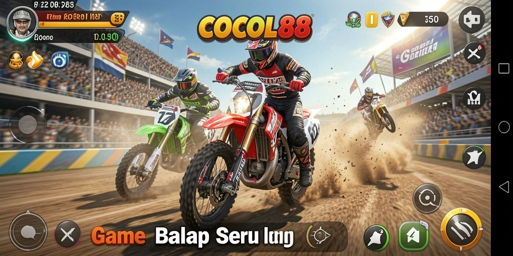 Tampilan gameplay menegangkan di COCOL88 dengan mobil balap yang saling bersaing.