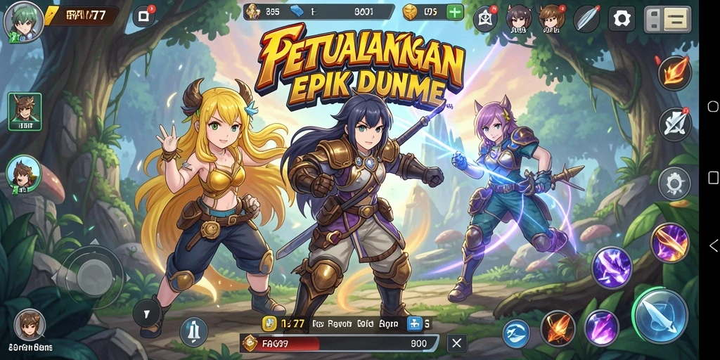 Tangkapan layar utama FAV77 menunjukkan aksi karakter dalam petualangan anime yang seru.